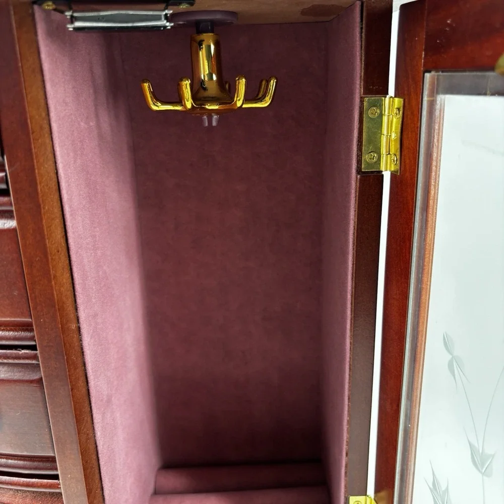 Vintage Mahogany Wood Jewelry Armoire Chest - Etched Glass Door & 5 Drawers